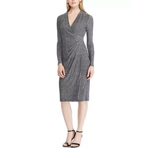 Lauren Ralph Lauren Jersey Long-Sleeve Dress Grey Black sz 16 Workwear Faux Wrap